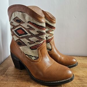 Wanted Tejas Southwestern Tapestry and Faux Leather Ankle Boots with Heel